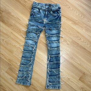 OPS Distressed Blue Skinny Jeans Stacked Fringe Detail Boys Size 7-8 Premium